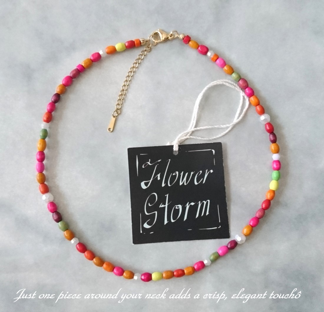 画像2:  【送料無料】◆flower storm◆（長さ42cm~47cm）マルチカラーウッドwithパールのビーズネックレス red系 ステンレス製留め具 24KGP,18KGP 本金メッキ(木製 ABS 変色防止 アレルギー対応 日本製)