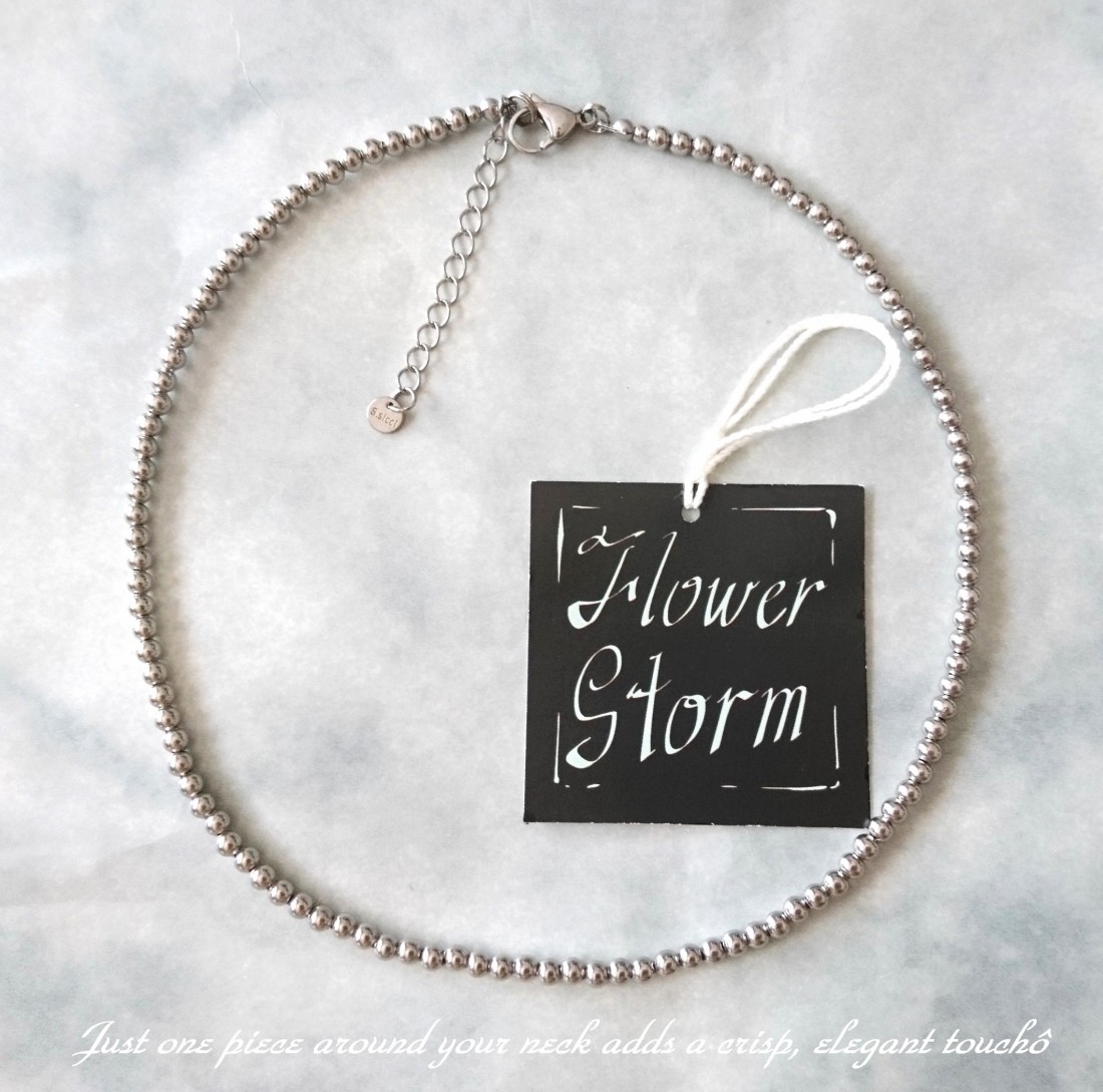 画像:  【送料無料】◆flower storm◆（長さ約43cm＋アジャスター5cm）ステンレス4mm丸玉ビーズのショートネックレス シルバーグレイ 304ステンレス製留め具  (変色防止 アレルギー対応 メンズ レディース 日本製) 