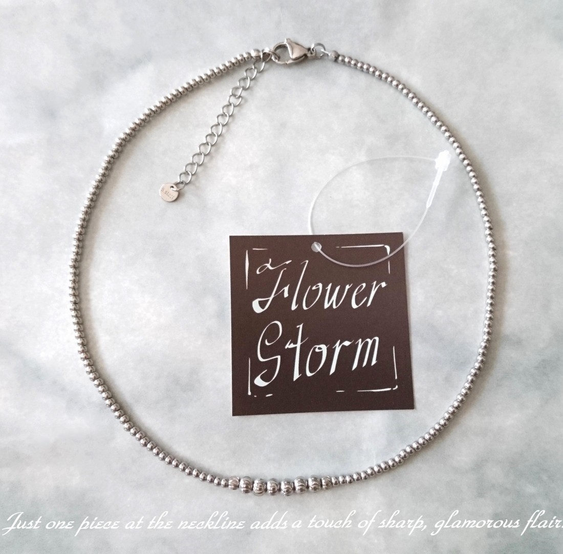 画像3:  【送料無料】◆flower storm◆（長さ約42.5cm＋アジャスター5cm）ステンレス製丸玉ビーズのデザインネックレス 3mm〜5mm シルバーグレイ 304ステンレス製留め具  (ショートネックレス 変色防止 アレルギー対応 メンズ レディース 日本製) 